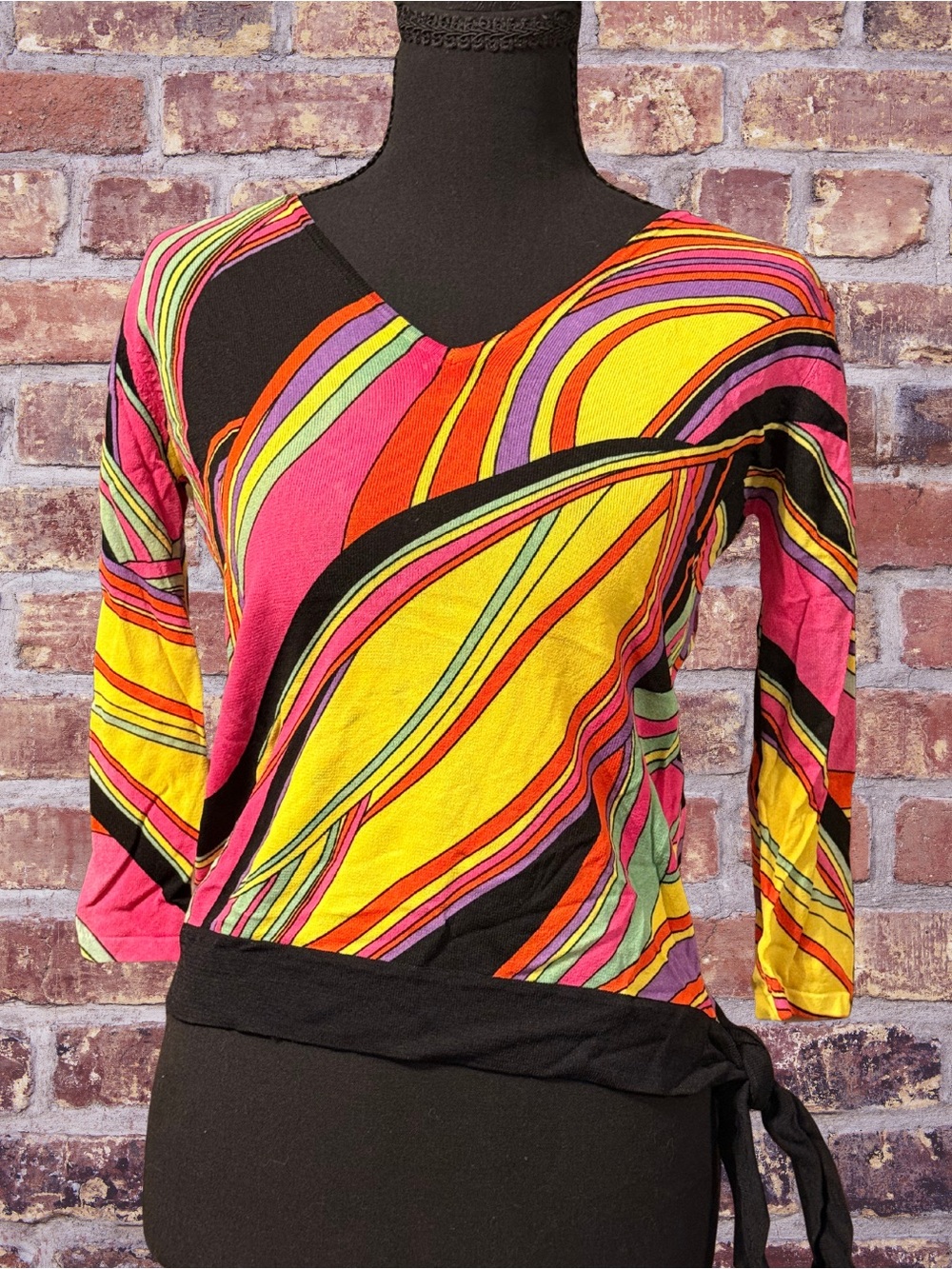 Vintage Vibrant Multicolor Wrap-Style Women’s Top - Black, Yellow & Pink